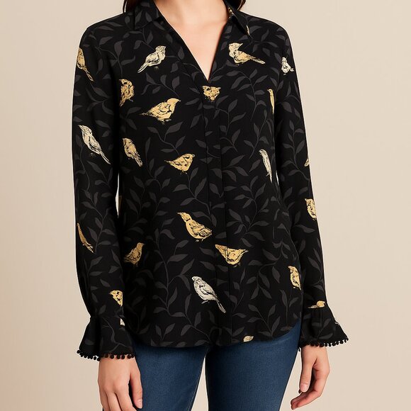 Charter Club Tops - Charter Club Bird Print Blouse XL Bell Sleeve Pom Pom Trim Black Button Top Boho